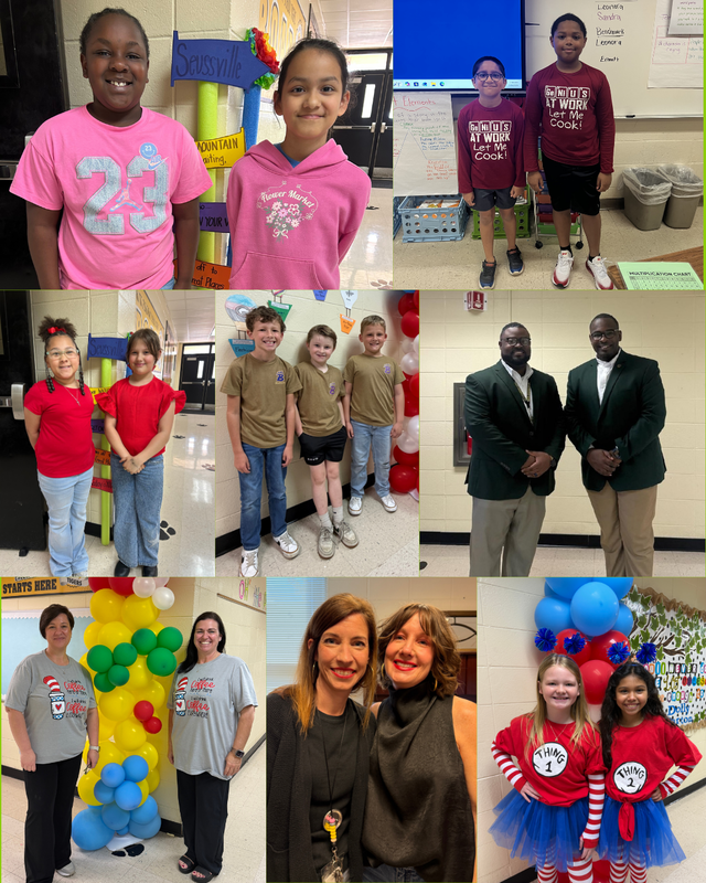 This image contains pictures of teachers and students dressed up for read across america week.