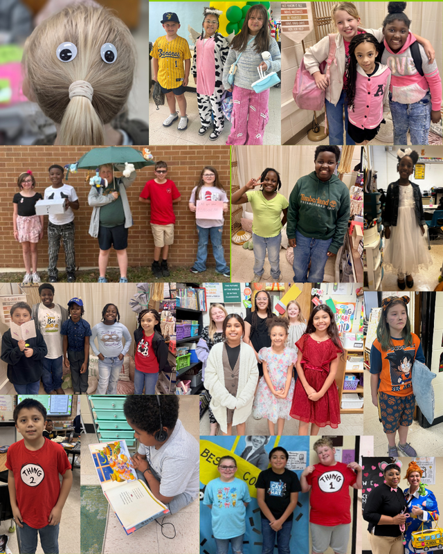 This image contains pictures of teachers and students dressed up for read across america week.