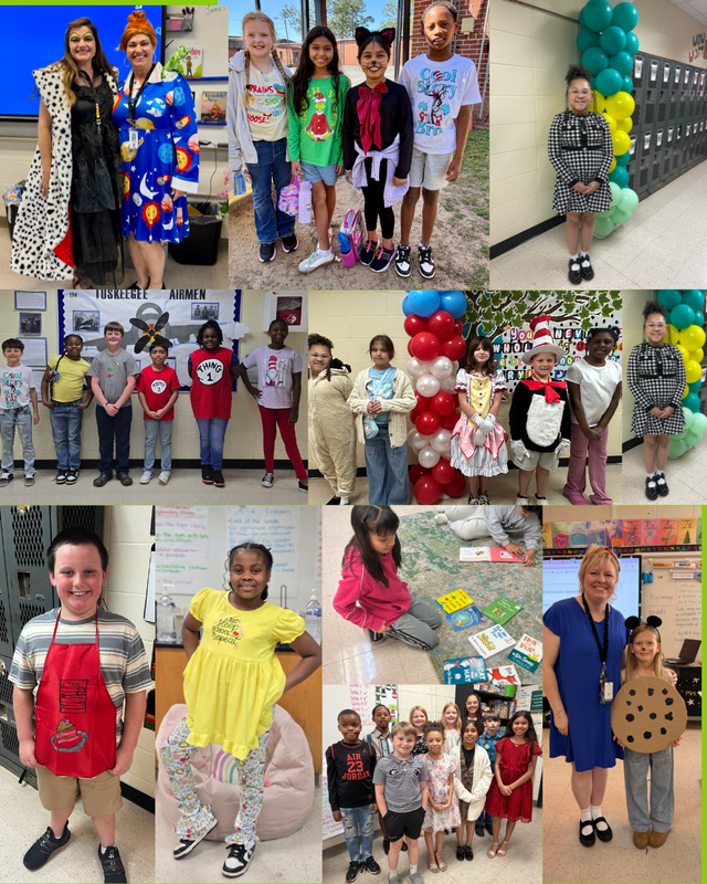 This image contains pictures of teachers and students dressed up for read across america week.