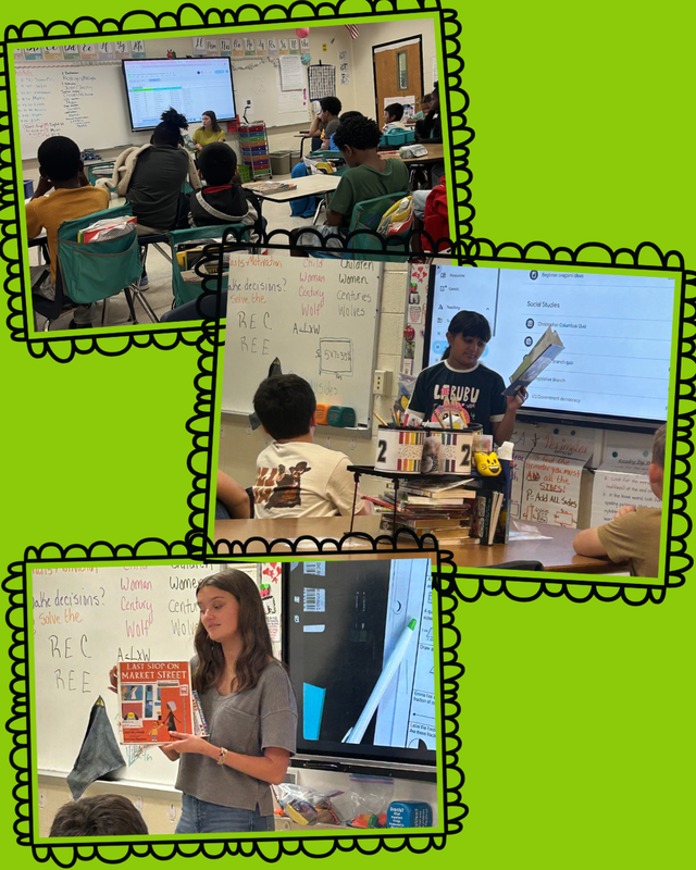 This image contains readers from the community and inside the school system reading to classes.