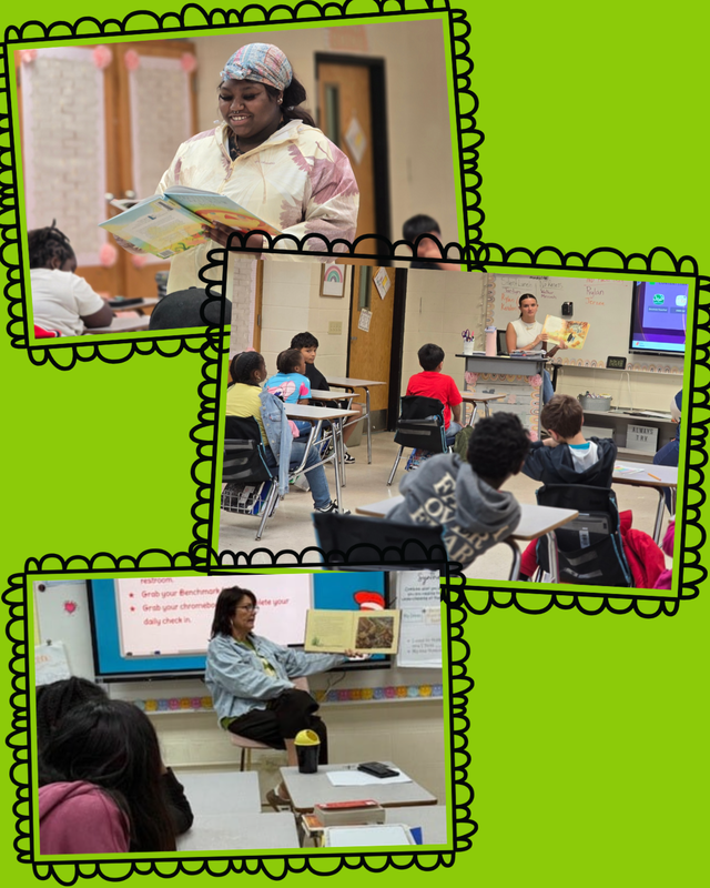 This image contains readers from the community and inside the school system reading to classes.