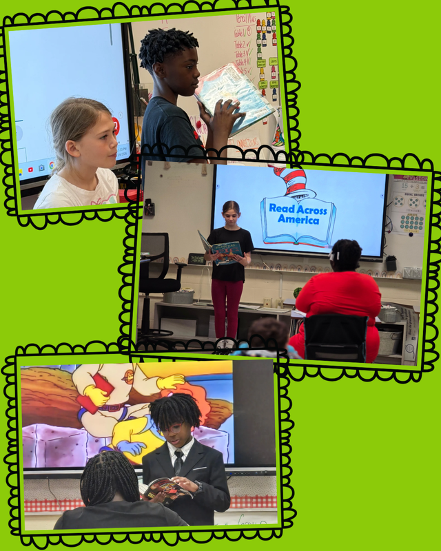 This image contains readers from the community and inside the school system reading to classes.