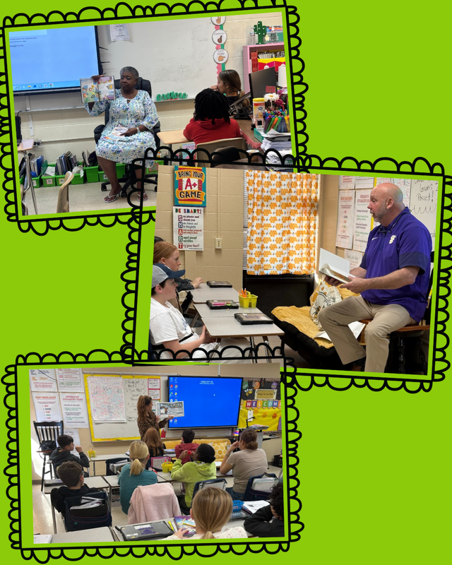 This image contains readers from the community and inside the school system reading to classes.