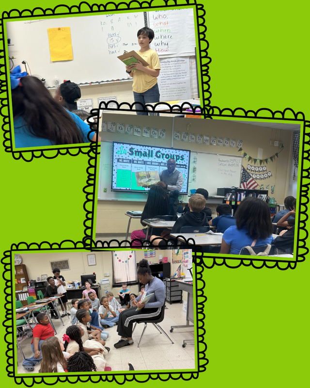 This image contains readers from the community and inside the school system reading to classes.