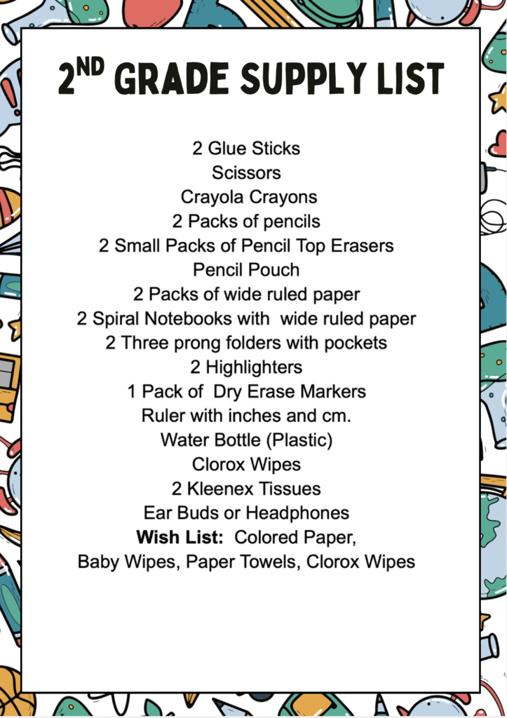 PES 2nd Grade Supply List