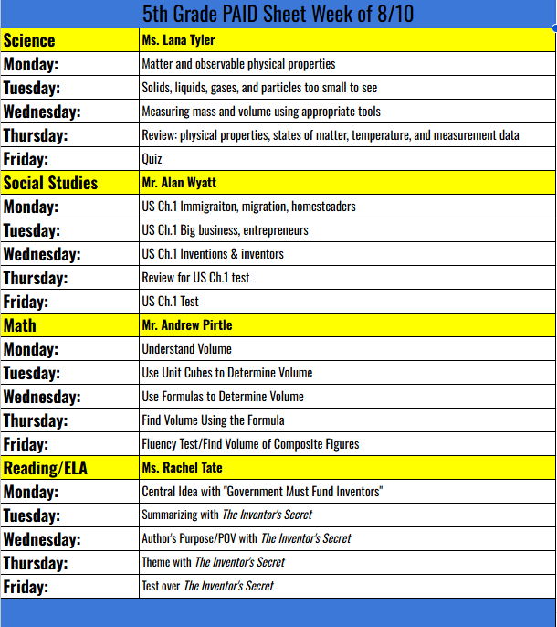 5th Grade PAID sheet for the week of 8-10-26 through 8-14-26