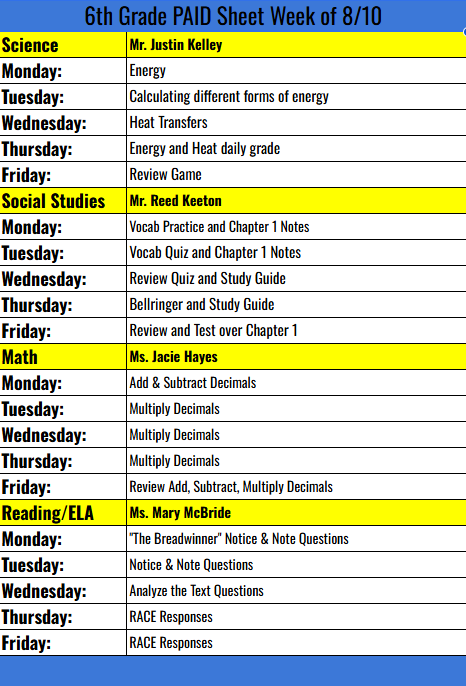 6th grade paid sheet week of 8/10/26 through 8/14/26