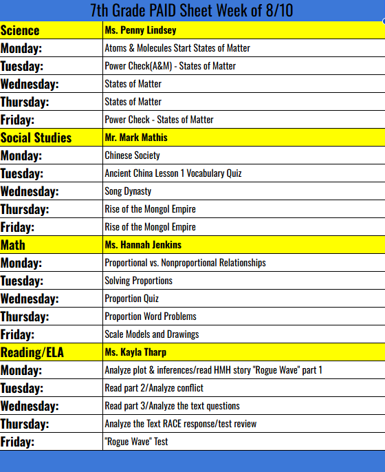 7th grade PAID sheet for the week of 8/10/26 through 8/26/26
