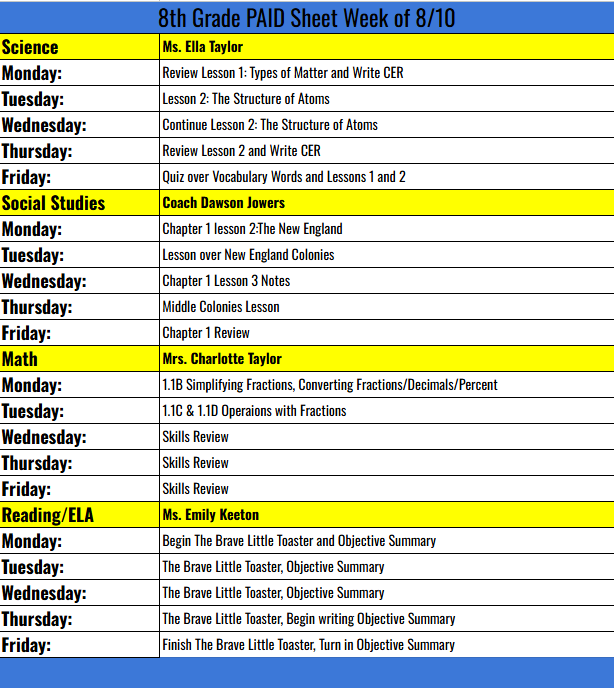 8th grade PAID sheet for the week of 8/10/26 through 8/14/26