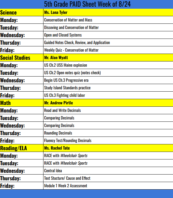 5TH grade PAID sheet week  8/24/26