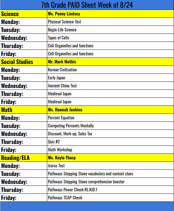 7TH grade PAID sheet week  8/24/26