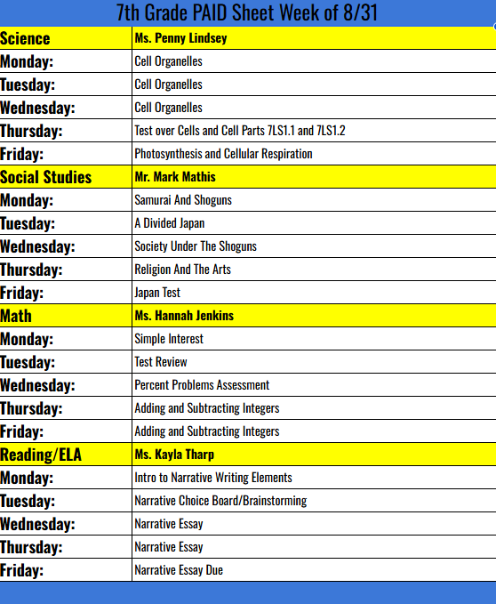 7TH grade PAID sheet week  8/31/26