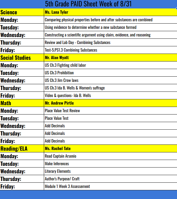 5TH grade PAID sheet week  8/31/26