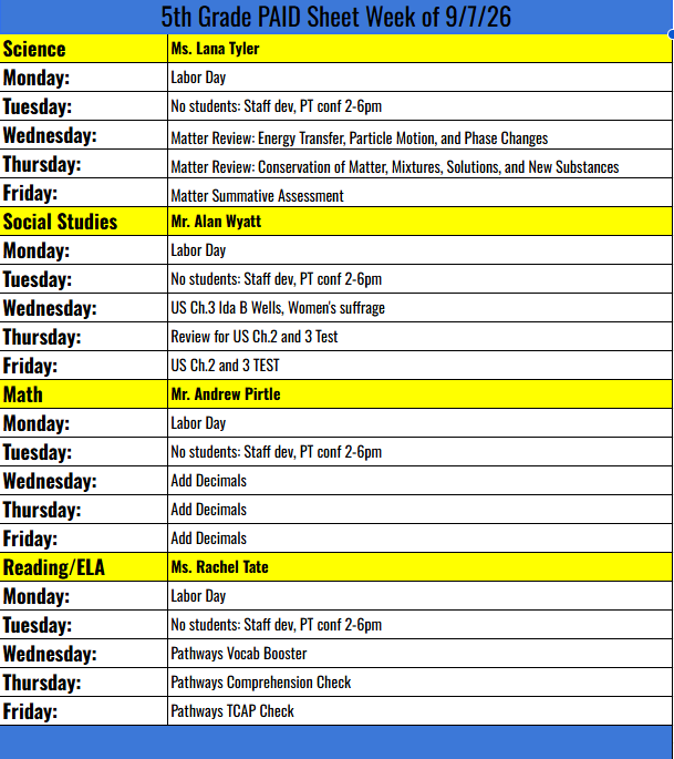 5TH grade PAID sheet week  9/7/26