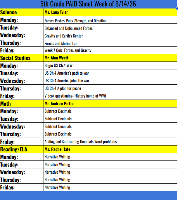 5TH grade PAID sheet week  9/14/26