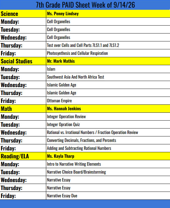 7TH grade PAID sheet week  9/14/26