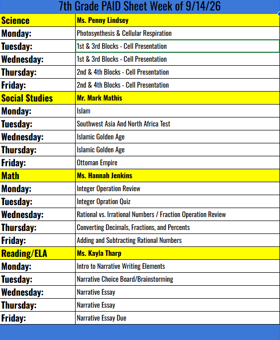 7TH grade PAID sheet week  9/14/26
