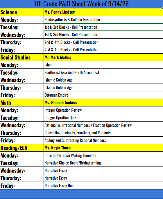 7TH grade PAID sheet week  9/14/26 REVISED