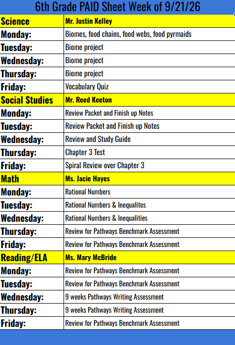 6th Grade PAID week of 9-21-26