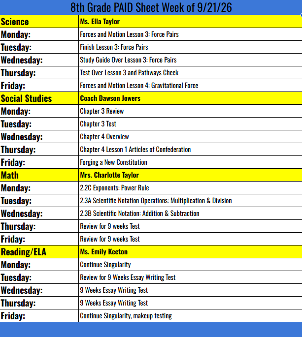 8th Grade PAID week of 9-21-26