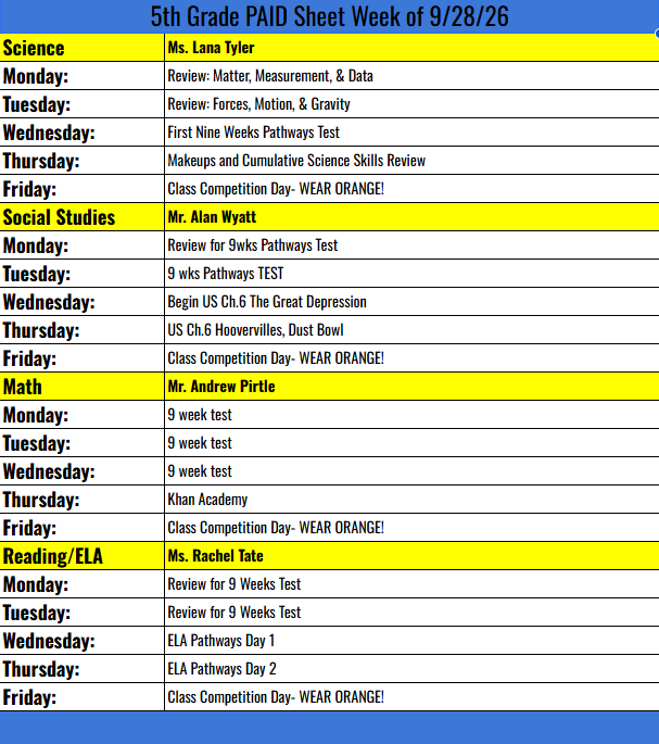 5th Grade PAID sheet for the week of 9-28-26