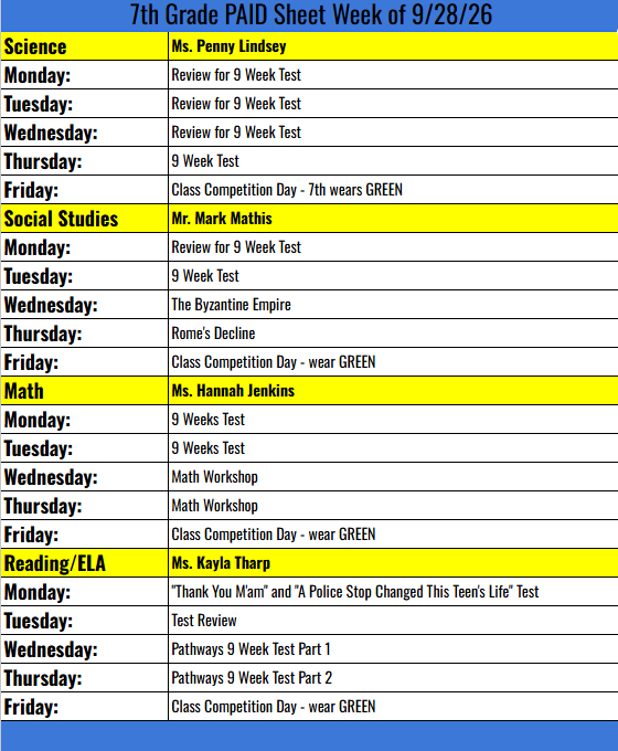 7th Grade PAID sheet week of 9-28-26