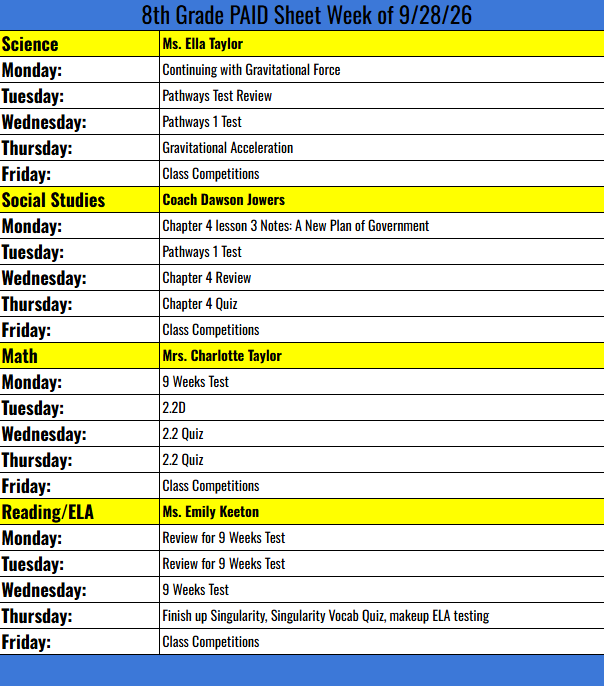 8th Grade PAID sheet for the week of 9-28-26
