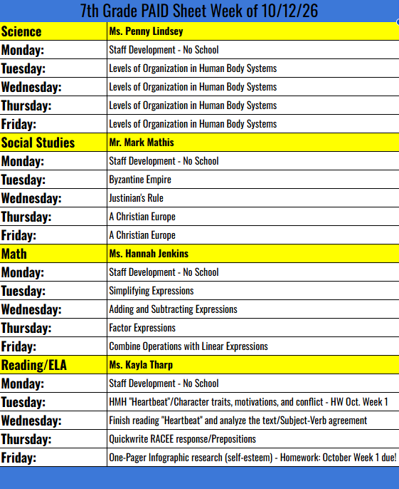 7th Grade PAID sheet for the week of 10-12-26