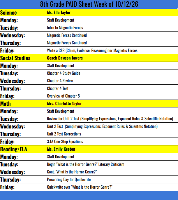8th Grade PAID sheet for the week of 10-12-26