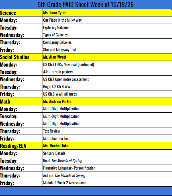 5th grade PAID sheet for the week of 10-19-26