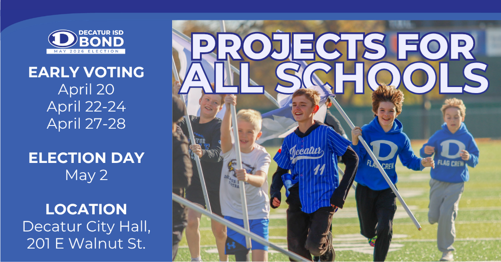 Graphic shows the elementary flag crew running on the field under the words "projects for all schools" 