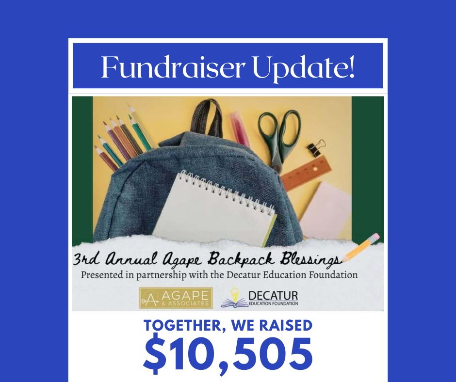 Graphic announcing the Agape Backpack Blessings fundraiser raised $10,505 to provide school supplies for local students.