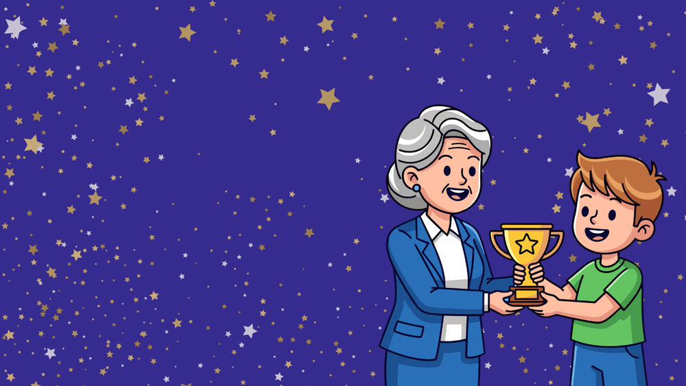 Graphic shows a teacher receiving an award from a student