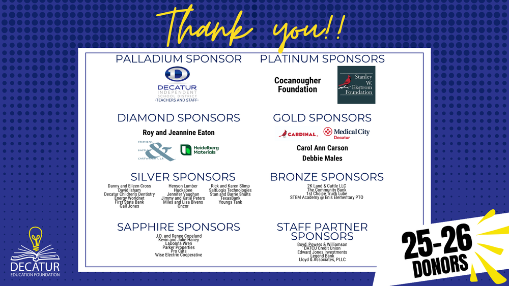 Decatur Education Foundation 2025–2026 sponsor recognition graphic thanking donors and community partners.