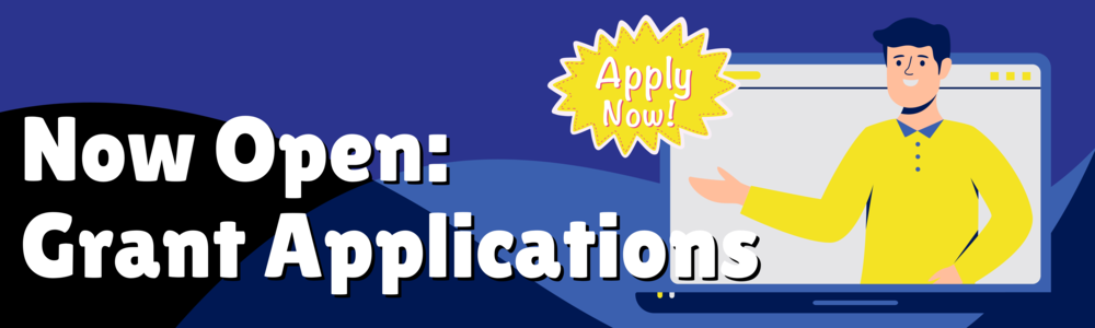white text on blue background. man in yellow saying apply now.
