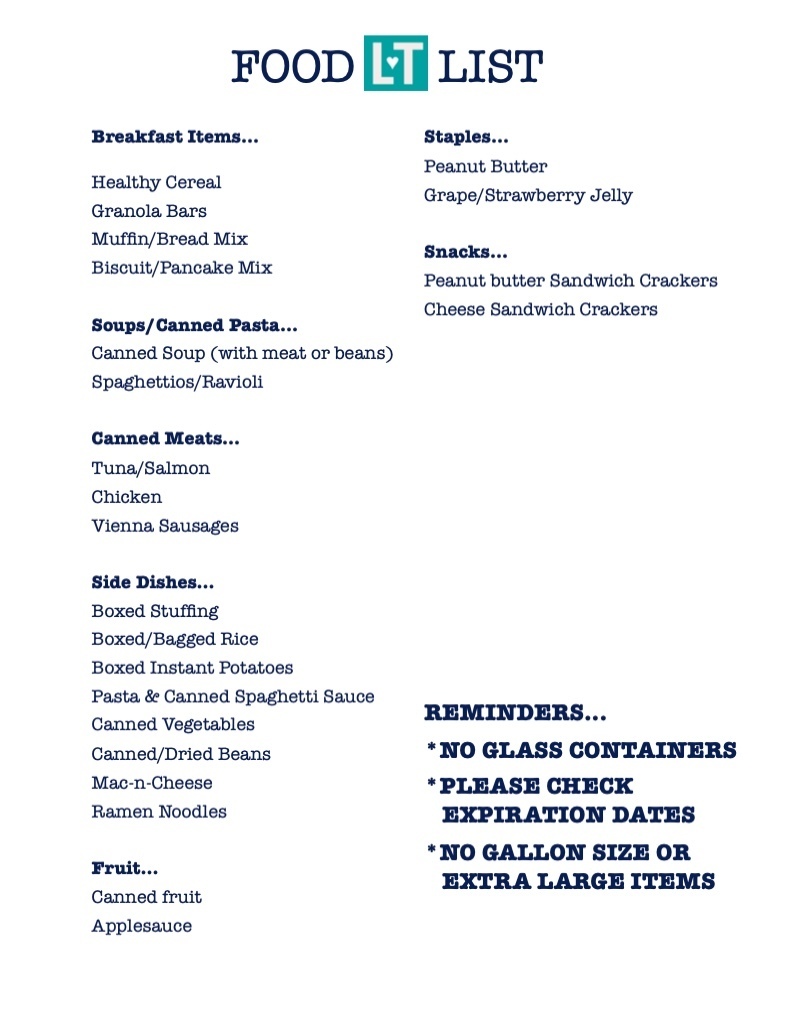 A text-based food drive donation list titled "FOOD LIST". The list is organized into categories with specific items and reminders:  Breakfast Items: Healthy Cereal, Granola Bars, Muffin/Bread Mix, Biscuit/Pancake Mix.  Soups/Canned Pasta: Canned Soup (with meat or beans), Spaghettios/Ravioli.  Canned Meats: Tuna/Salmon, Chicken, Vienna Sausages.  Side Dishes: Boxed Stuffing, Boxed/Bagged Rice, Boxed Instant Potatoes, Pasta & Canned Spaghetti Sauce, Canned Vegetables, Canned/Dried Beans, Mac-n-Cheese, Ramen Noodles.  Fruit: Canned fruit, Applesauce.  Staples: Peanut Butter, Grape/Strawberry Jelly.  Snacks: Peanut butter Sandwich Crackers, Cheese Sandwich Crackers.  Reminders: NO GLASS CONTAINERS, PLEASE CHECK EXPIRATION DATES, NO GALLON SIZE OR EXTRA LARGE ITEMS.