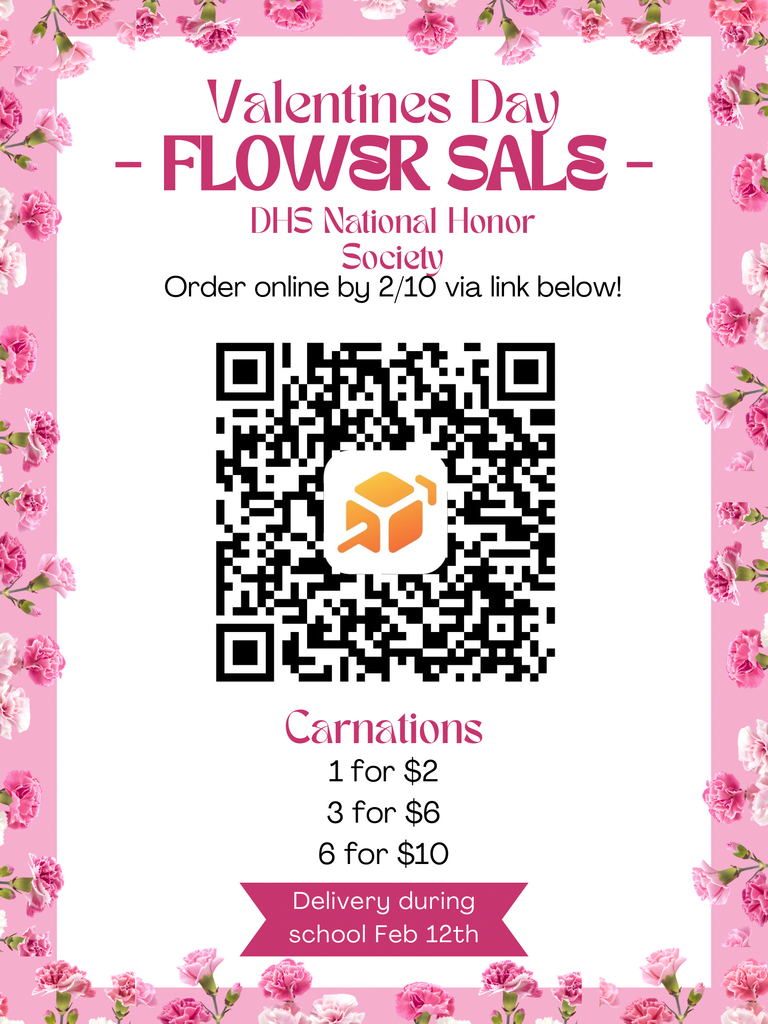 A Valentine’s Day Flower Sale flyer featuring a prominent QR code in the center for online payments. The header reads "Valentines Day - FLOWER SALE - DHS National Honor Society" and instructs users to "Order online by 2/10 via link below!" The same pink carnation border and pricing (1 for $2, 3 for $6, and 6 for $10) are shown. A pink banner at the bottom confirms "Delivery during school Feb 12th."