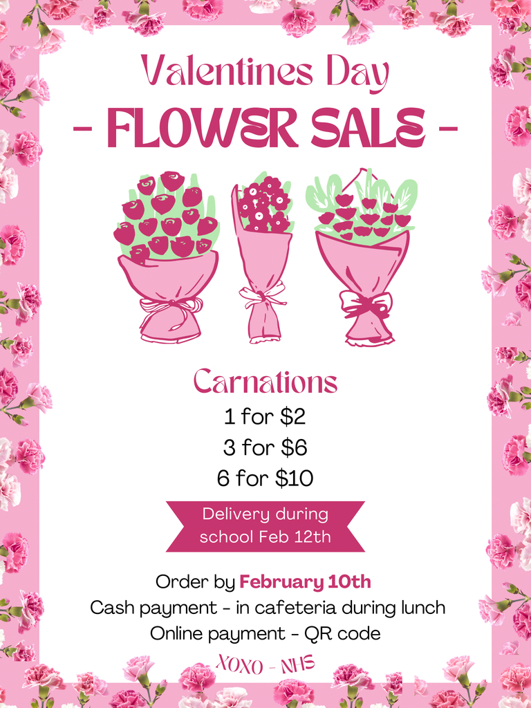 A Valentine’s Day Flower Sale flyer with a pink carnation border. The top reads "Valentines Day - FLOWER SALE -" in decorative pink text. Below are three stylized illustrations of pink carnation bouquets wrapped in pink paper with bows. Pricing for carnations is listed as 1 for $2, 3 for $6, or 6 for $10. A pink ribbon banner states "Delivery during school Feb 12th." The bottom text notes the order deadline is February 10th and offers payment options: cash in the cafeteria during lunch or online via QR code. Signed "XOXO - NHS."
