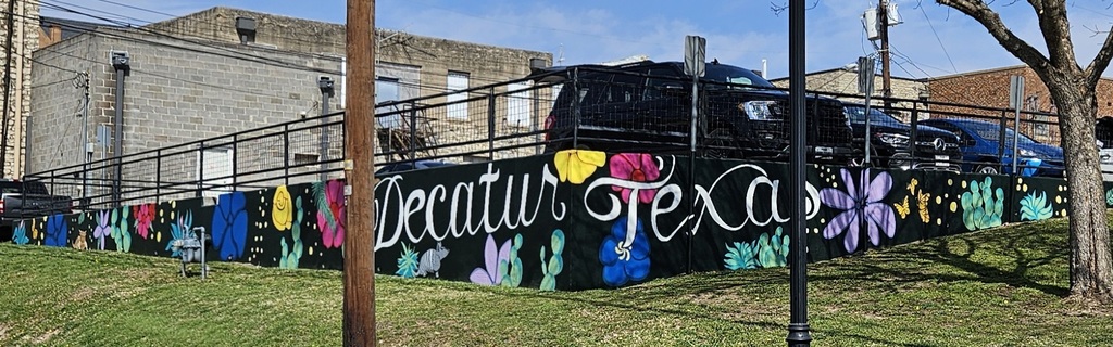 A wide shot of four teenage girls standing proudly next to a vibrant, newly painted mural on a black retaining wall in Decatur, Texas. The mural features the words "Decatur Texas" in elegant white script, surrounded by colorful oversized flowers in pink, blue, and purple, along with green cacti and yellow butterflies. In the background, the historic Wise County Courthouse tower rises above limestone buildings under a clear blue sky.