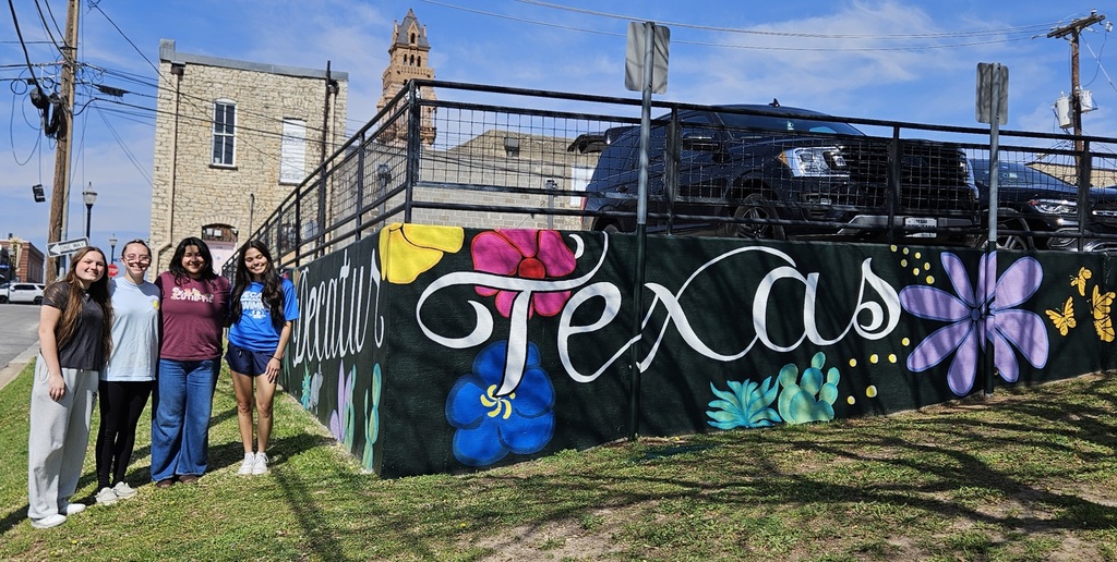 A wide shot of four teenage girls standing proudly next to a vibrant, newly painted mural on a black retaining wall in Decatur, Texas. The mural features the words "Decatur Texas" in elegant white script, surrounded by colorful oversized flowers in pink, blue, and purple, along with green cacti and yellow butterflies. In the background, the historic Wise County Courthouse tower rises above limestone buildings under a clear blue sky.