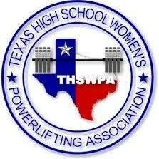 A circular logo for the Texas High School Women's Powerlifting Association (THSWPA). The outer white ring features the full organization name in blue capital letters, flanked by two small blue stars. Inside the circle is a silhouette of the state of Texas, colored with the blue, white, and red of the Texas flag. A white star sits in the blue field, the acronym "THSWPA" is written in white across the center, and a black barbell with heavy plates is layered over the state map.
