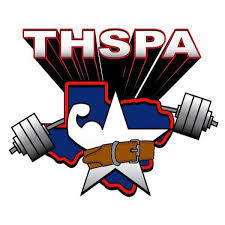 The logo for the Texas High School Powerlifting Association (THSPA).  The image features the acronym "THSPA" in bold, silver block letters with a red outline and a black 3D extrusion effect. Below the text is a blue silhouette of the state of Texas overlaid with a large white star.  Inside the star is a silhouette of a flexed bicep, and the star is "wearing" a brown weightlifting belt. A silver barbell with heavy plates is positioned horizontally behind the star and Texas map, angled slightly. The entire design uses a patriotic red, white, and blue color scheme with metallic accents.
