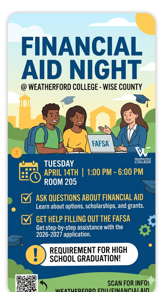 An informative event flyer for Financial Aid Night at Weatherford College - Wise County. The top of the flyer features an illustration of students and an advisor working at a laptop with the FAFSA logo. The event details are listed as follows: Date & Time: Tuesday, April 14th from 1:00 PM to 6:00 PM. Location: Room 205. Purpose: Attendees can ask questions about financial aid and get help filling out the 2026-2027 FAFSA application. Important Note: A prominent yellow circle highlights that FAFSA completion is a requirement for high school graduation. The bottom of the flyer includes the Weatherford College logo, a QR code for more information, and the website URL.