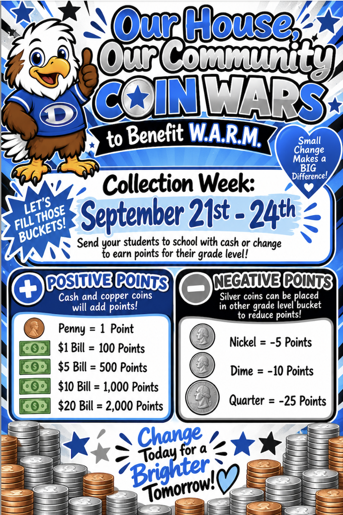 Blue, black, and white school fundraiser flyer titled “Our House, Our Community: Coin Wars to Benefit W.A.R.M.” featuring an eagle mascot. Collection Week is September 21st–24th. Students are encouraged to bring cash or change to earn points for their grade level. Positive points: penny = 1 point, $1 bill = 100 points, $5 bill = 500 points, $10 bill = 1,000 points, and $20 bill = 2,000 points. Negative points: silver coins can be placed in another grade level’s bucket to reduce their points; nickel = -5 points, dime = -10 points, and quarter = -25 points. The flyer includes the messages “Small Change Makes a BIG Difference!” and “Change Today for a Brighter Tomorrow!”