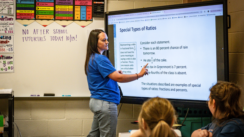 Photo of McCarroll Middle School teacher Kendra Longbrake using a digital board to teach math ratios to students 
