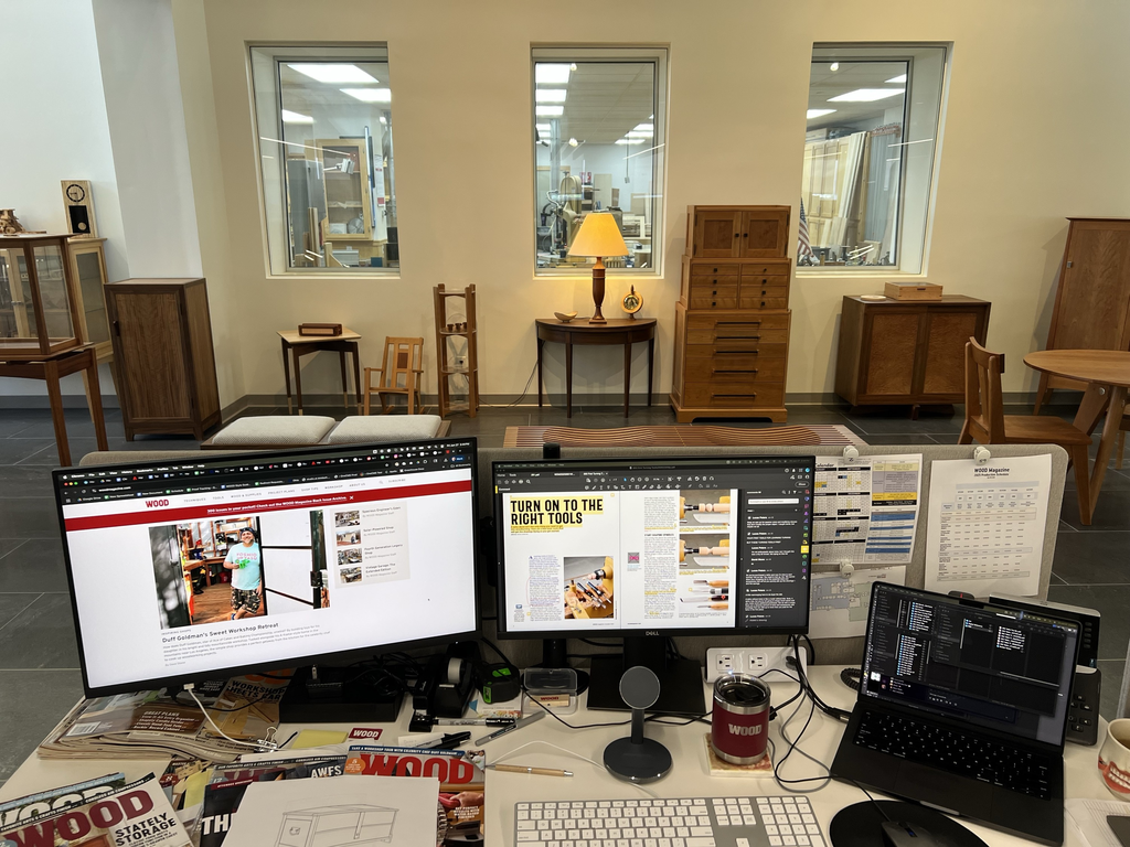 The view from Luke's desk. Much of his time is spent editing articles produced for the magazine. He gets to stare at the project gallery and the workshop beyond where he wishes he was instead.