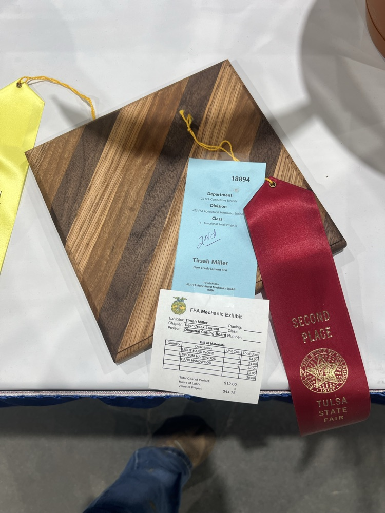 Tirsah-2nd place cutting board in a big class of ag mechanics projects!