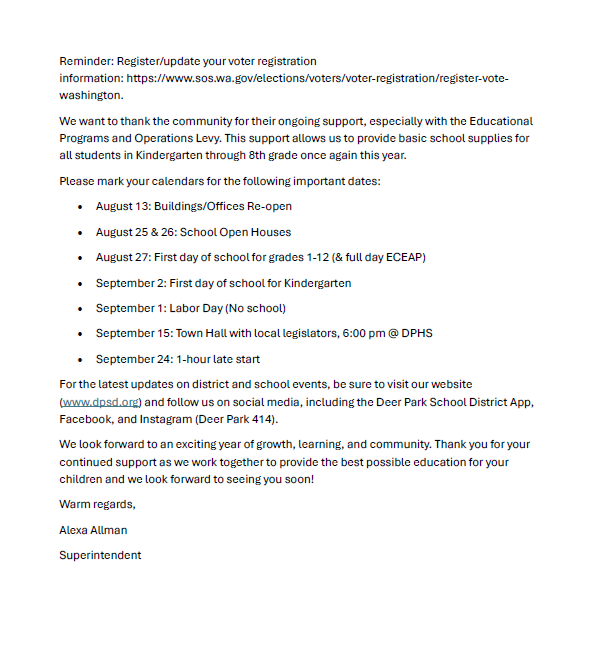 Back to school newsletter