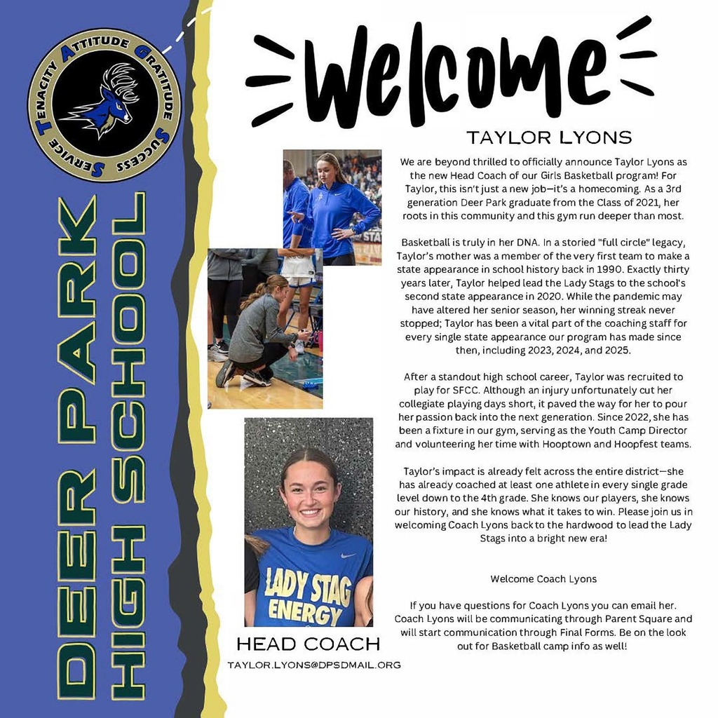 Welcome photos and additional details regarding Taylor Lyons as the new head coach for girl's basketball.