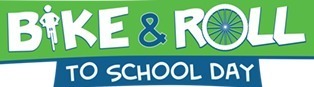 Green and blue logo saying Bike and Roll to school day with a person biking for the I in bike and a wheel for the O in Roll